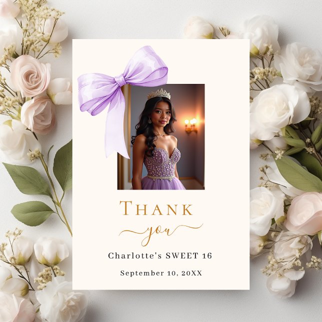 Sweet 16 photo bow lavender cream thank you card (Creator Uploaded)