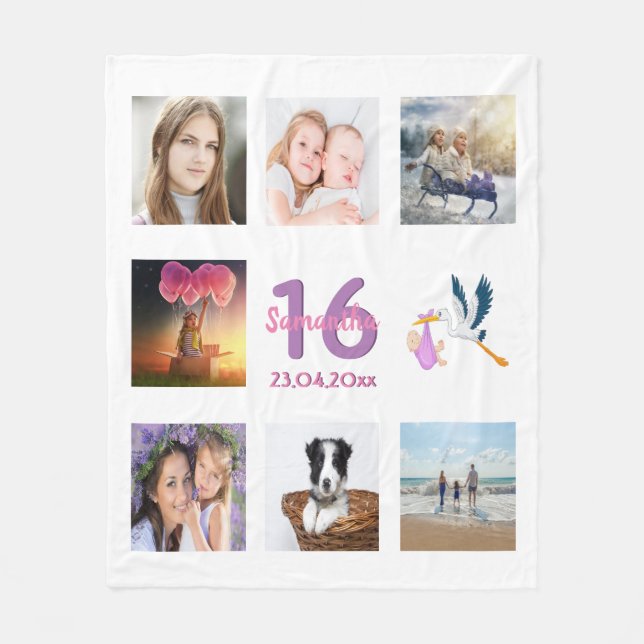 Sweet 16 photo collage girl white fleece blanket (Front)