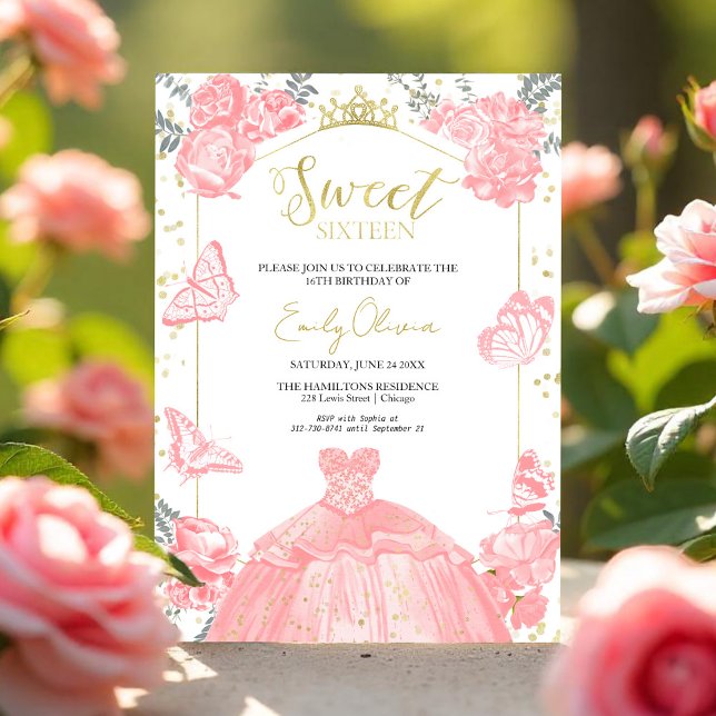 Sweet 16 Photo Invitation Butterfly Pink Floral  (Creator Uploaded)