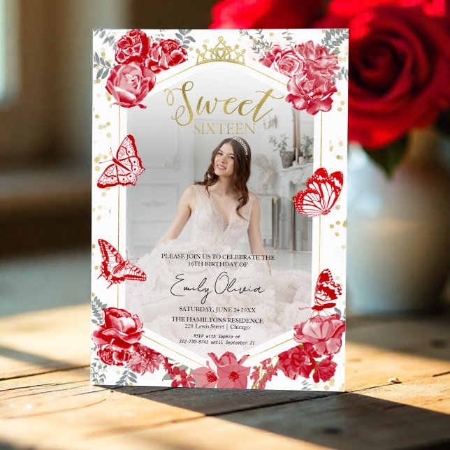 Sweet 16 Photo Invitation Butterfly Red Floral (Creator Uploaded)