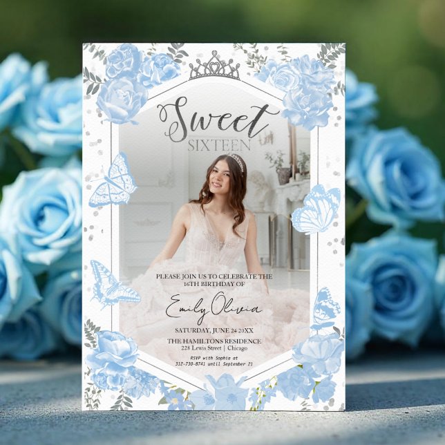 Sweet 16 Photo Invitation | Dusty Blue Butterfly (Creator Uploaded)