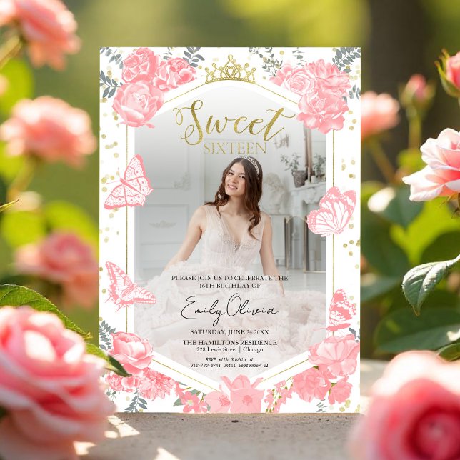 Sweet 16 Photo Invitation Papillon rose floral (Créateur téléchargé)