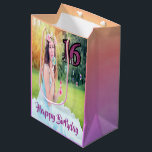 Sweet 16 photo purple girl medium gift bag<br><div class="desc">A giftbag for a sixteen old girl,  with the text "Sweet 16"  and the text Happy Birthday in purple. A violet,  pink and peach colored pastel backdrop. Template for your photo of the birthday girl.</div>