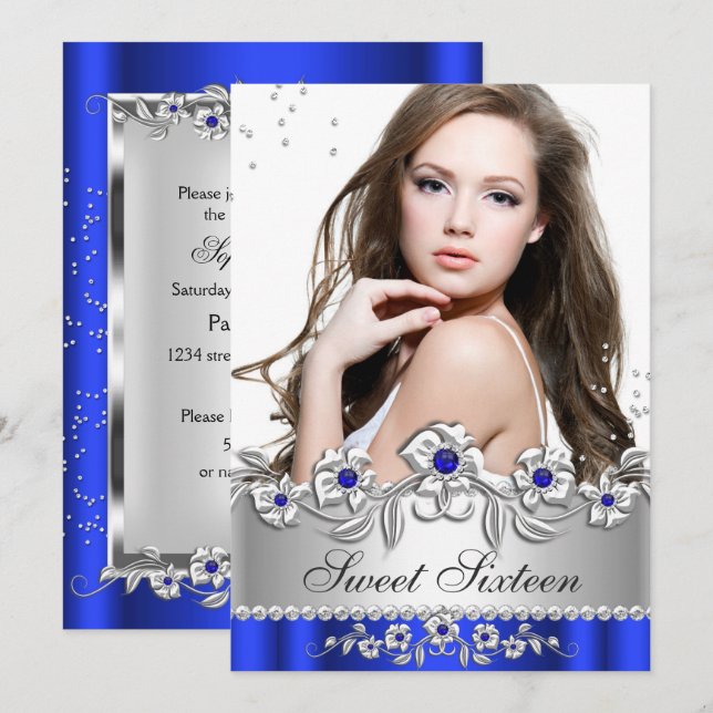 Sweet 16 Photo Royal Blue Silver Diamond Jewel Invitation (Front/Back)