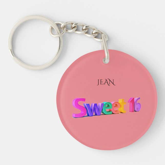 Sweet 16 pink acrylic keychain, personalized name. keychain (Front)