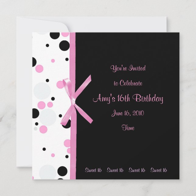 Sweet 16 Pink and Black Polka Dot Invitation (Front)
