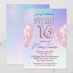 Sweet 16 Pink Balloons on Holographic Gradient Invitation