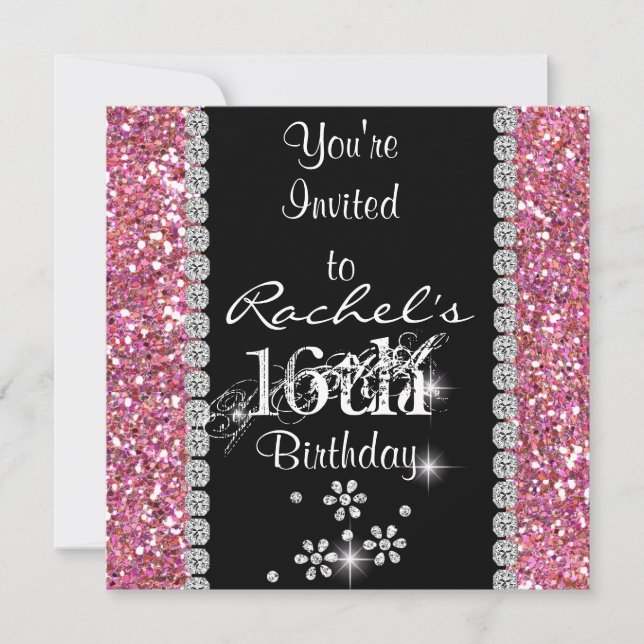 SWEET 16 PINK  Birthday Party Invitation BLING (Front)
