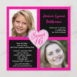 Sweet 16 Pink Black Bling Heart Photo Invitations