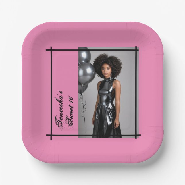 Sweet 16 Pink & Black – Custom Photo/Text Paper Plate (Front)