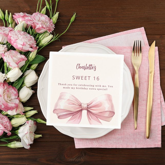 Sweet 16 pink bow cream thank you napkin (Creator Uploaded)