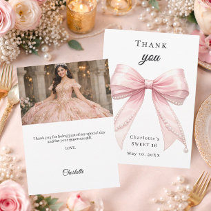 Sweet 16 pink bow pearls photo thank you card