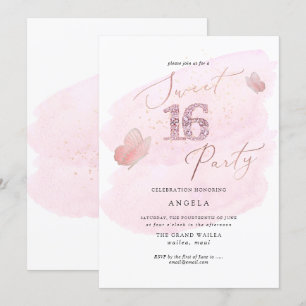Sweet 16 Pink Diamond Butterflies Watercolor Invitation