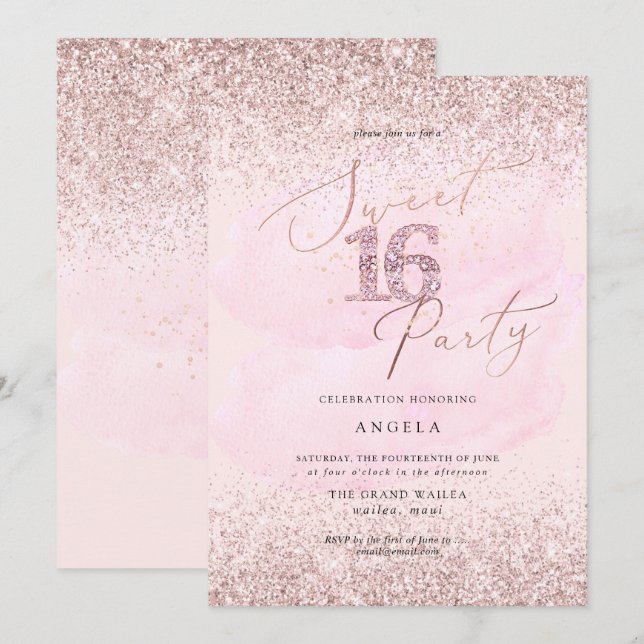 Sweet 16 Pink Diamond Glitters Watercolor Invitation (Front/Back)