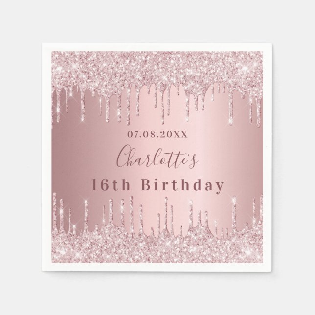 Sweet 16 pink dusty rose glitter drips name napkin (Front)