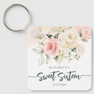Sweet 16 Pink Floral Birthday Party Custom Keychain