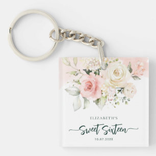 Sweet 16 Pink Floral Birthday Party Custom Keychain