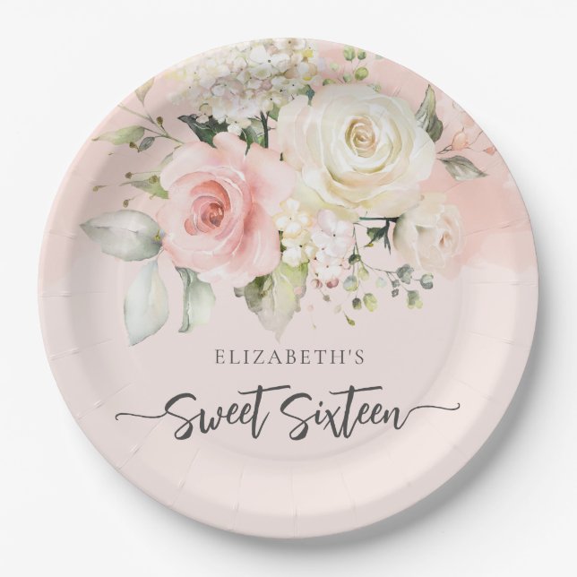 Sweet 16 Pink Floral Birthday Party Paper Plate (Front)