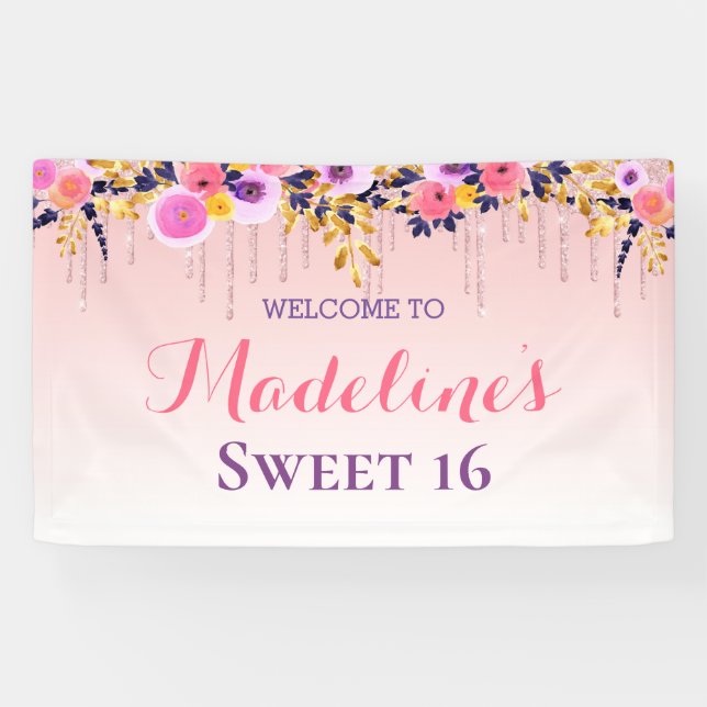 Sweet 16 | Pink Floral Dripping Glitter Banner (Horizontal)