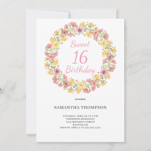 Sweet 16 Pink Floral Watercolor Birthday Invitation