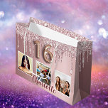 Sweet 16 pink glitter drips photo monogram 16th large gift bag<br><div class="desc">A gift bag for a girly and glamourous Sweet 16 , 16th birthday. A pink faux metallic looking background with faux glitter drips, paint dripping look. Personalize and add 3 photos and a name. Number 16 is written with a balloon style font. Perfect as a party favour bag or as...</div>