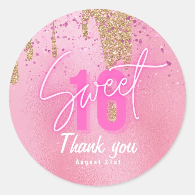 Sweet 16 Pink Glitter Foil Girly Modern Rose Gold  Classic Round Sticker (Front)