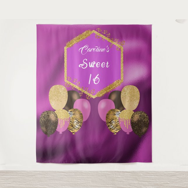 Sweet 16 Pink Glitter & Glitter Party Balloons Tapestry (Front)