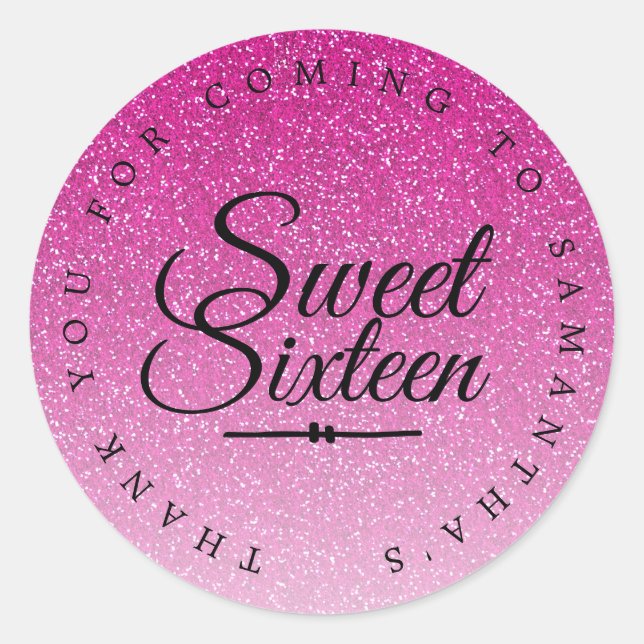 Sweet 16 Pink Glitter Ombre Thank You Custom Name Classic Round Sticker (Front)