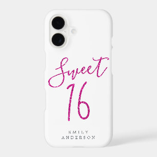 Sweet 16 Pink Glitter Script White 16th Birthday