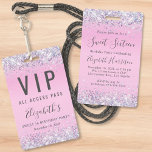 Sweet 16 Pink Glitter VIP Pass Birthday Party Badge<br><div class="desc">A unique Sweet 16 birthday party invitation that also serves as a badge for guests to wear at the party and keep as a souvenir party favour. This pretty design features sparkly holographic purple, pink and silver faux glitter confetti borders against a pink background, her name in a soft grey...</div>