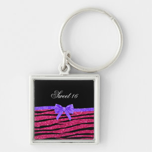 Sweet 16 pink glitter zebra stripes keychain