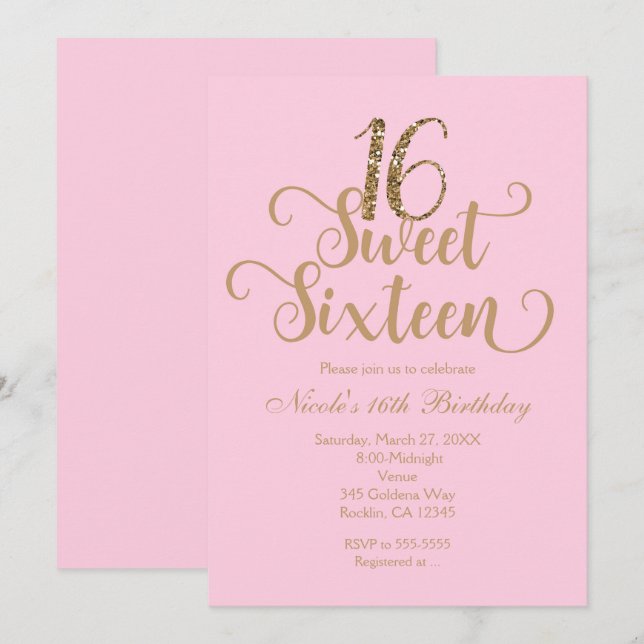 Sweet 16 Pink & Gold Anniversaire Invitations (Devant / Derrière)