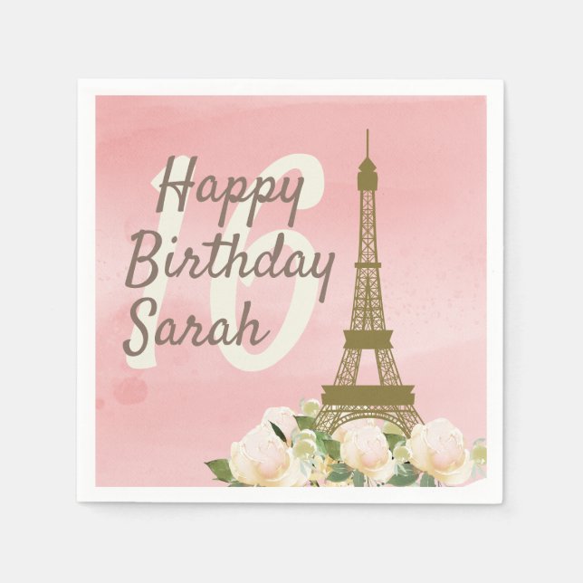 Sweet 16 Pink Gold Eiffel Tower Birthday Napkin (Front)