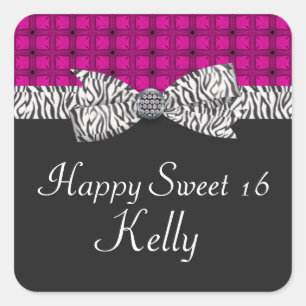 Sweet 16 Pink & Grey Zebra Birthday Square Sticker