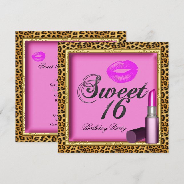 Sweet 16 Pink Lips Lipstick Leopard Gold Invitation (Front/Back)