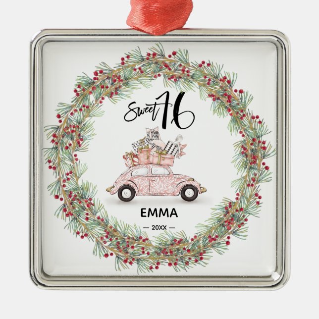 Sweet 16 Pink Name Script Car Christmas Holiday Metal Ornament (Front)