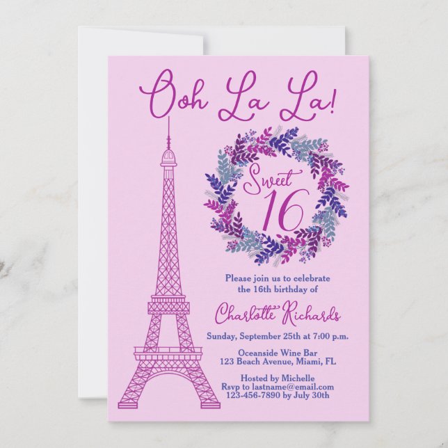 Sweet 16 Pink Paris Eiffel Tower Birthday Party Invitation (Front)