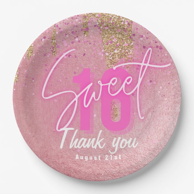 Sweet 16 Pink Party Food Dinner Ware Personalized Paper Plate (Front)