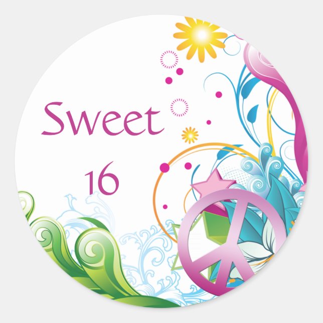 Sweet 16 Pink Peace Sign Tropical Floral Birthday Classic Round Sticker (Front)