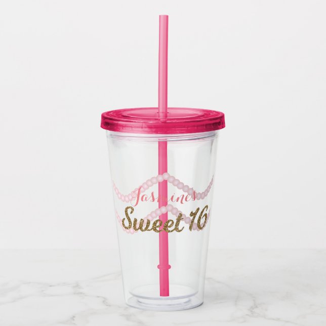 Sweet 16 Pink Pearl Glitter Party Acrylic Tumbler (Front)