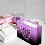 Sweet 16 pink purple black diamonds name large gift bag<br><div class="desc">A girly and glamourous sweet 16 gift or favour bag.  Pink and black gradient backdrop with light pink pastel faux diamonds (no real diamonds) With the text: Sweet 16 in pink faux glitter. Template for her name in pink,  purple coloured letters.  Perfect for a girls 16th birthday party.</div>