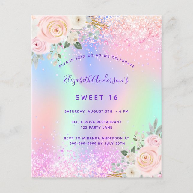 Sweet 16 pink purple Floral invitasjon (Front)