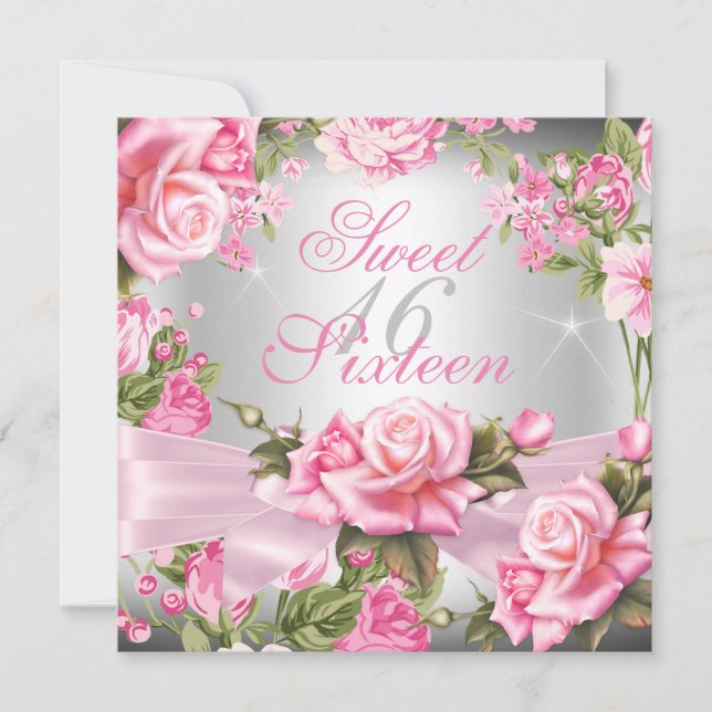 Sweet 16 Pink Rose Bow Silver Floral Birthday Invitation (Front)