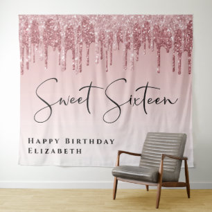 Sweet 16 Pink Rose Gold Glitter Birthday Party Tapestry