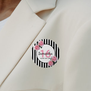 Sweet 16 pink roses black white stripes 2 inch round button