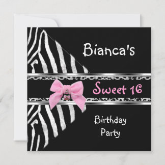 Sweet 16 Pink Silver Black Zebra Leopard Birthday Invitation