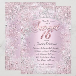 Sweet 16 Pink Silver Winter Wonderland Tiara Invitation