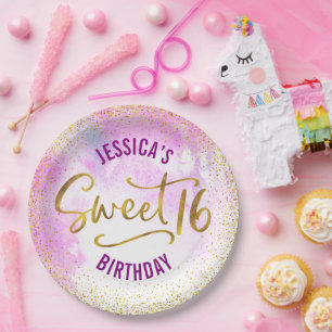 Sweet 16 Pink Watercolor Gold Glam Girly Birthday Paper Plate