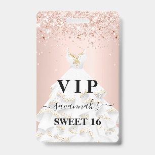 Sweet 16 pink white dress name vip badge