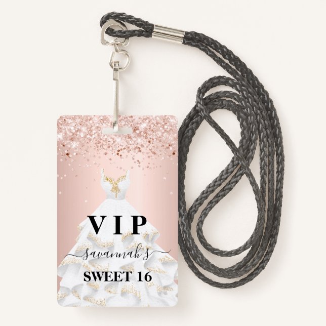 Sweet 16 pink white dress name vip badge (Front with Lanyard)